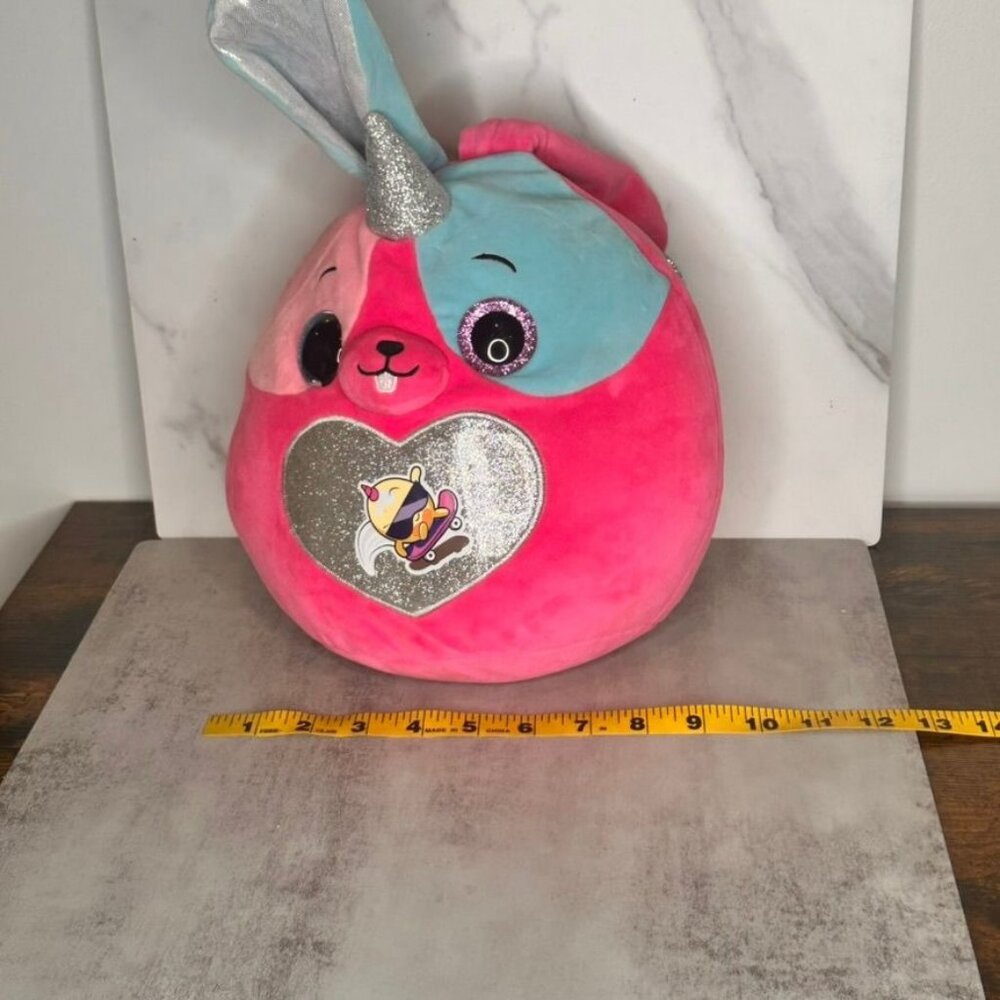 Rainbow Unicorn Bunny Plush Toy With Sparkly Ears & Heart Pink & Blue 12" - Picture 10 of 11